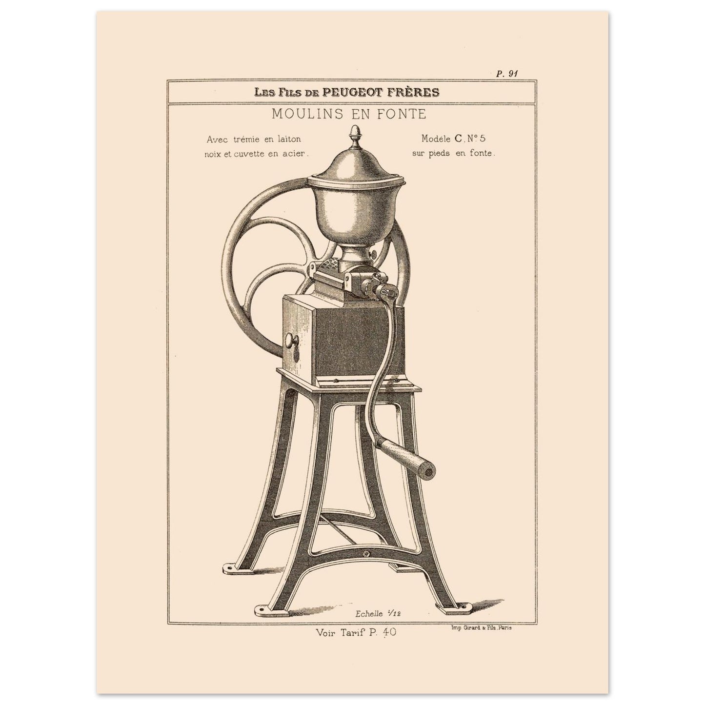 Moulin en fonte sur pieds - Planche technique Catalogue Peugeot Frères 1885 (30x40 cm). Gravure d'un moulin à café en fonte monté sur pieds, avec une manivelle et une grande roue, datant du 19ème siècle.