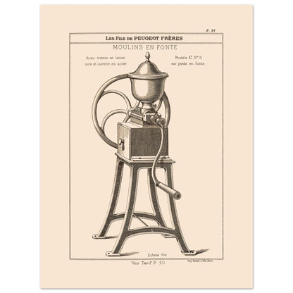 Moulin en fonte sur pieds - Planche technique Catalogue Peugeot Frères 1885 (30x40 cm). Gravure d'un moulin à café en fonte monté sur pieds, avec une manivelle et une grande roue, datant du 19ème siècle.