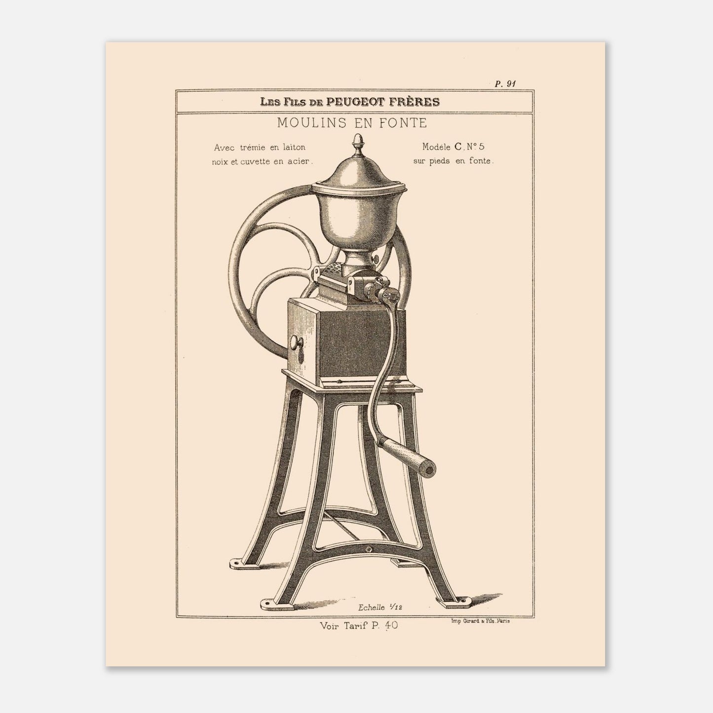 Moulin en fonte sur pieds - Planche technique Catalogue Peugeot Frères 1885. Gravure d'un moulin à café en fonte monté sur pieds, avec une manivelle et une grande roue, datant du 19ème siècle. Image d'illustration 4