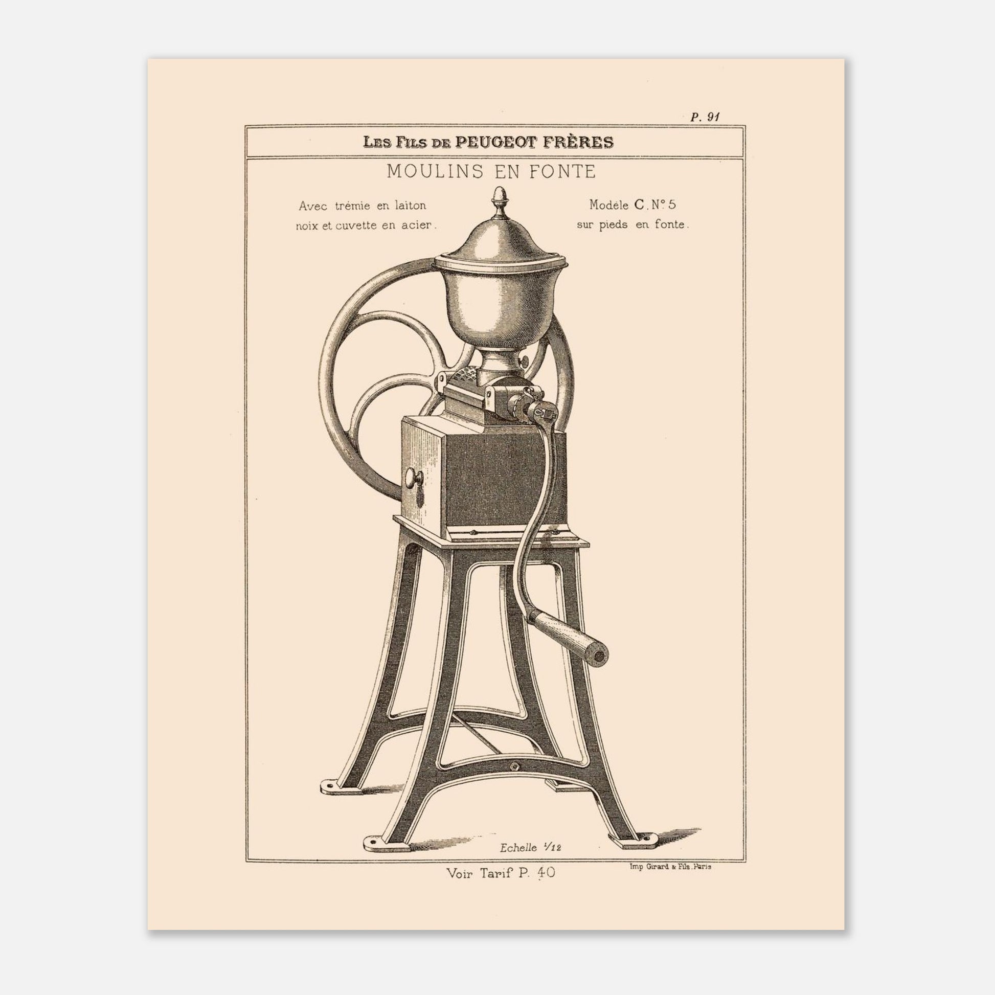 Moulin en fonte sur pieds - Planche technique Catalogue Peugeot Frères 1885. Gravure d'un moulin à café en fonte monté sur pieds, avec une manivelle et une grande roue, datant du 19ème siècle. Image d'illustration 4
