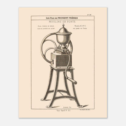 Moulin en fonte sur pieds - Planche technique Catalogue Peugeot Frères 1885. Gravure d'un moulin à café en fonte monté sur pieds, avec une manivelle et une grande roue, datant du 19ème siècle. Image d'illustration 4