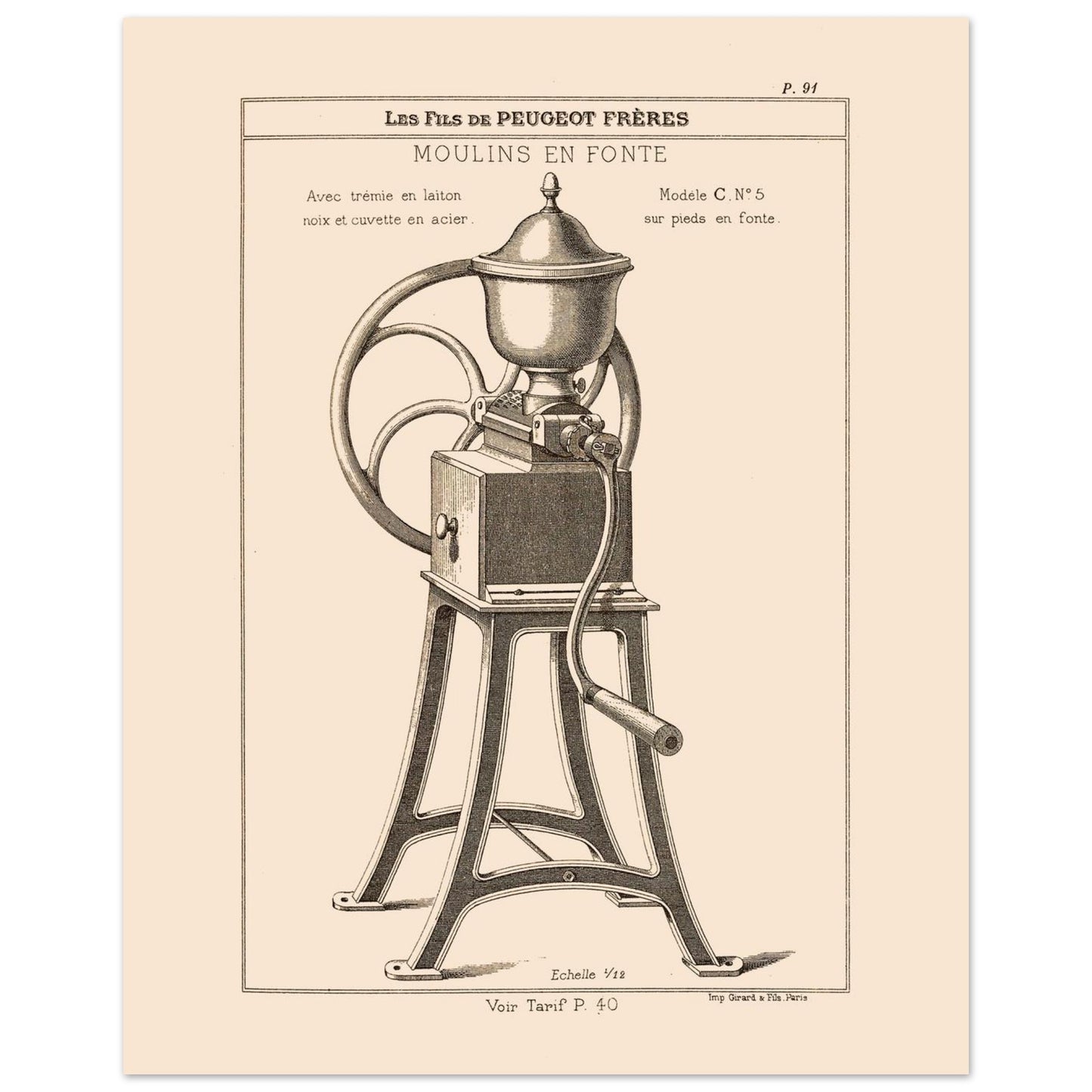 Moulin en fonte sur pieds - Planche technique Catalogue Peugeot Frères 1885 (40x50 cm). Gravure d'un moulin à café en fonte monté sur pieds, avec une manivelle et une grande roue, datant du 19ème siècle.