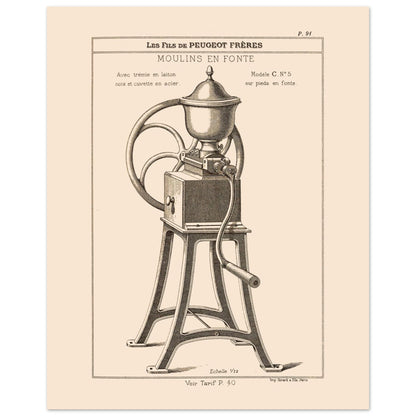 Moulin en fonte sur pieds - Planche technique Catalogue Peugeot Frères 1885 (40x50 cm). Gravure d'un moulin à café en fonte monté sur pieds, avec une manivelle et une grande roue, datant du 19ème siècle.