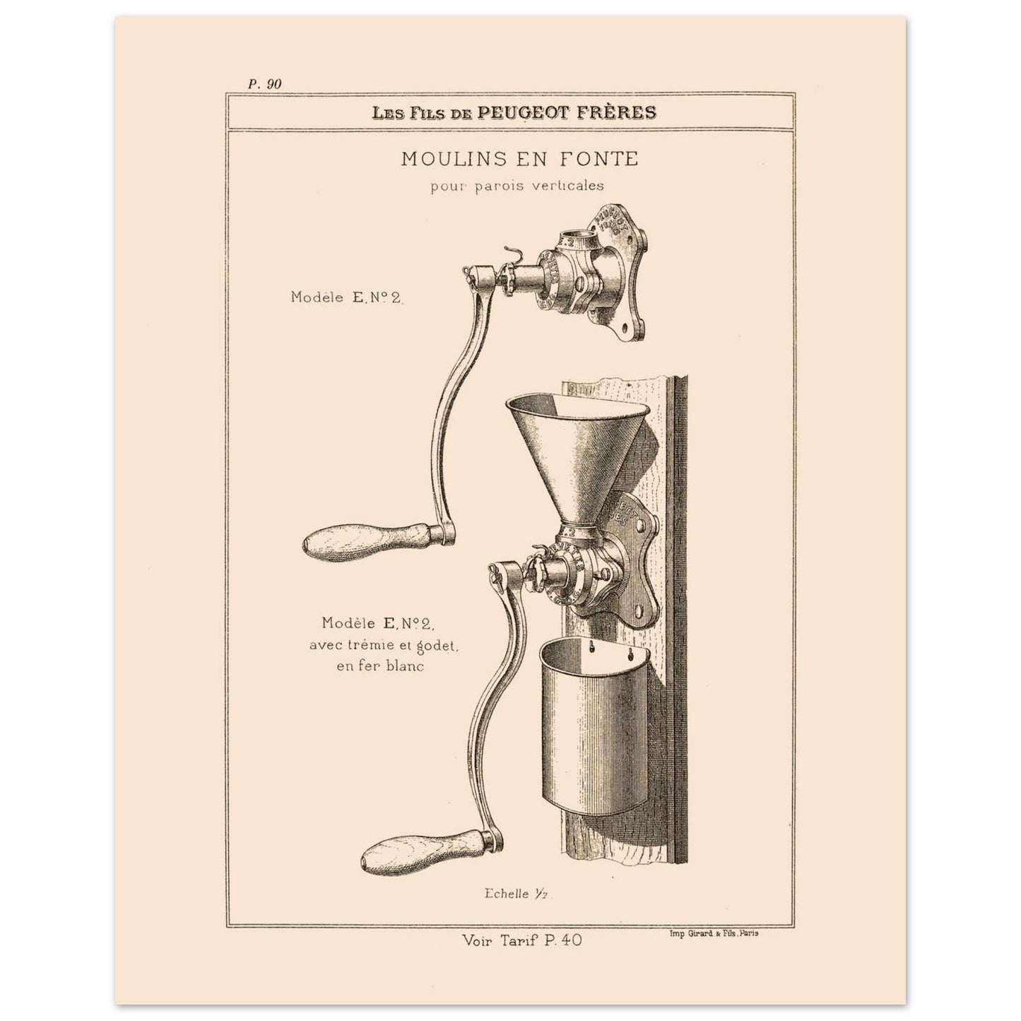 Planche de moulins en fonte pour parois verticales, catalogue Peugeot Frères 1885 (40x50 cm). Gravure de moulins en fonte conçus pour être fixés sur des parois verticales, avec deux modèles présentés.