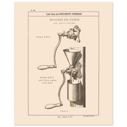 Planche de moulins en fonte pour parois verticales, catalogue Peugeot Frères 1885 (40x50 cm). Gravure de moulins en fonte conçus pour être fixés sur des parois verticales, avec deux modèles présentés.