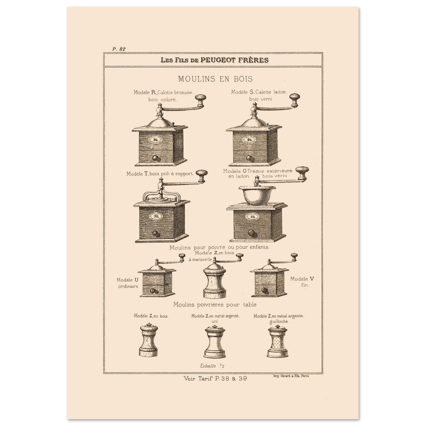 Planche de moulins à poivre et poivrières en bois — Catalogue Peugeot Frères (21x29,7 cm (A4)). Gravure du catalogue Peugeot Frères présentant différents modèles de moulins en bois et des moulins poivrières pour table, avec leurs descriptions.