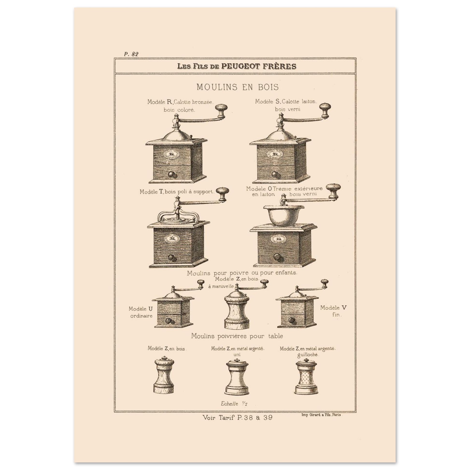Planche de moulins à poivre et poivrières en bois — Catalogue Peugeot Frères (21x29,7 cm (A4)). Gravure du catalogue Peugeot Frères présentant différents modèles de moulins en bois et des moulins poivrières pour table, avec leurs descriptions.