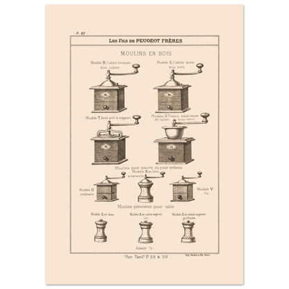 Planche de moulins à poivre et poivrières en bois — Catalogue Peugeot Frères (21x29,7 cm (A4)). Gravure du catalogue Peugeot Frères présentant différents modèles de moulins en bois et des moulins poivrières pour table, avec leurs descriptions.