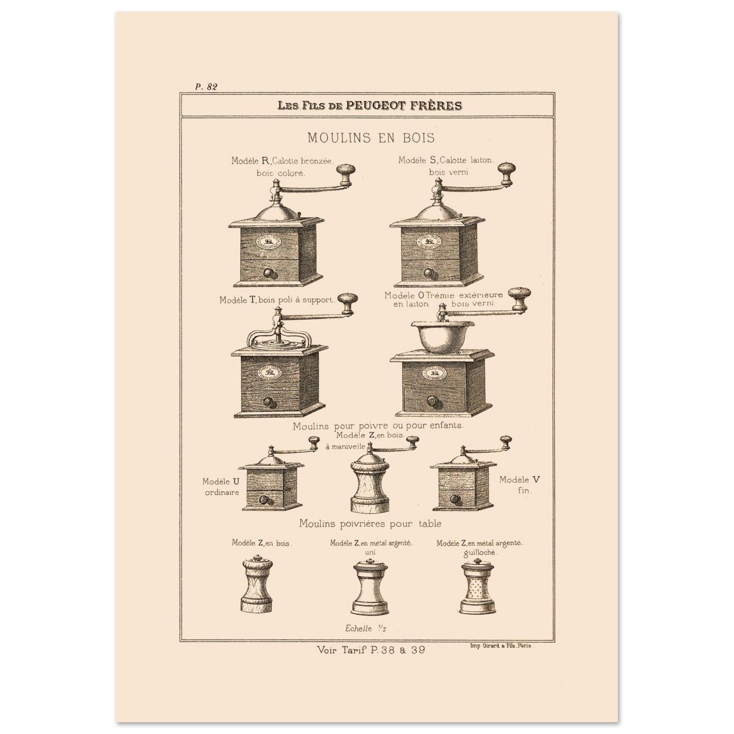 Planche de moulins à poivre et poivrières en bois — Catalogue Peugeot Frères (29,7x42 cm (A3)). Gravure du catalogue Peugeot Frères présentant différents modèles de moulins en bois et des moulins poivrières pour table, avec leurs descriptions.