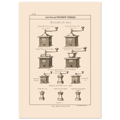 Planche de moulins à poivre et poivrières en bois — Catalogue Peugeot Frères (29,7x42 cm (A3)). Gravure du catalogue Peugeot Frères présentant différents modèles de moulins en bois et des moulins poivrières pour table, avec leurs descriptions.