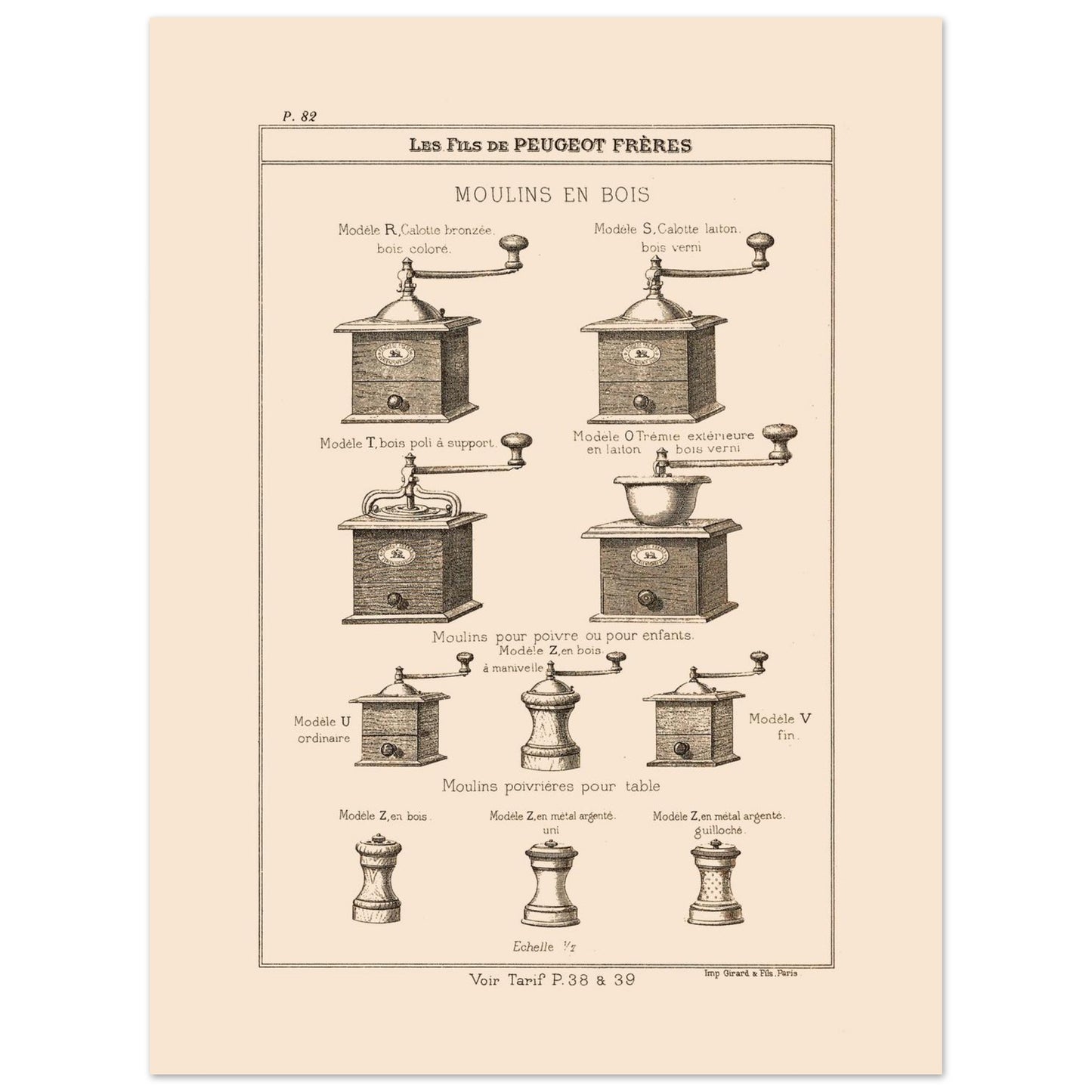 Planche de moulins à poivre et poivrières en bois — Catalogue Peugeot Frères (30x40 cm). Gravure du catalogue Peugeot Frères présentant différents modèles de moulins en bois et des moulins poivrières pour table, avec leurs descriptions.