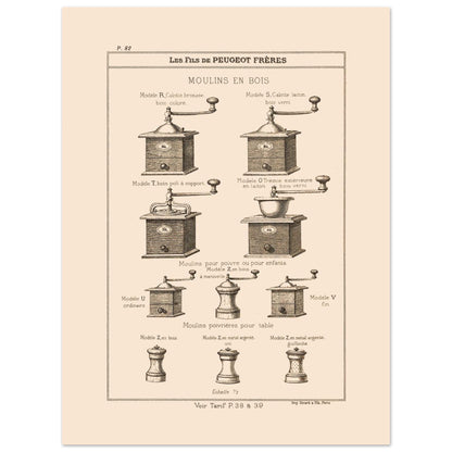 Planche de moulins à poivre et poivrières en bois — Catalogue Peugeot Frères (30x40 cm). Gravure du catalogue Peugeot Frères présentant différents modèles de moulins en bois et des moulins poivrières pour table, avec leurs descriptions.