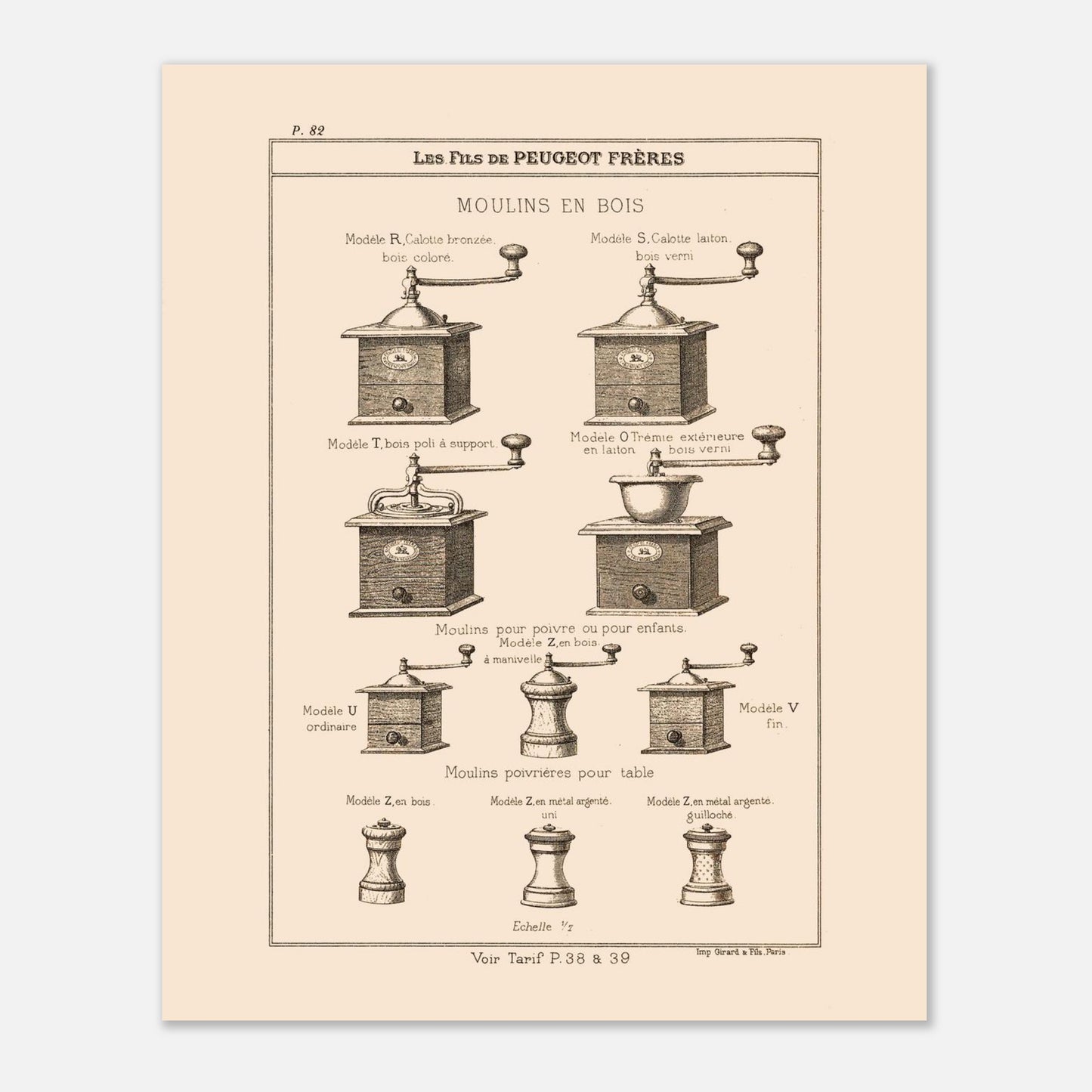 Planche de moulins à poivre et poivrières en bois — Catalogue Peugeot Frères. Gravure du catalogue Peugeot Frères présentant différents modèles de moulins en bois et des moulins poivrières pour table, avec leurs descriptions. Image d'illustration 4