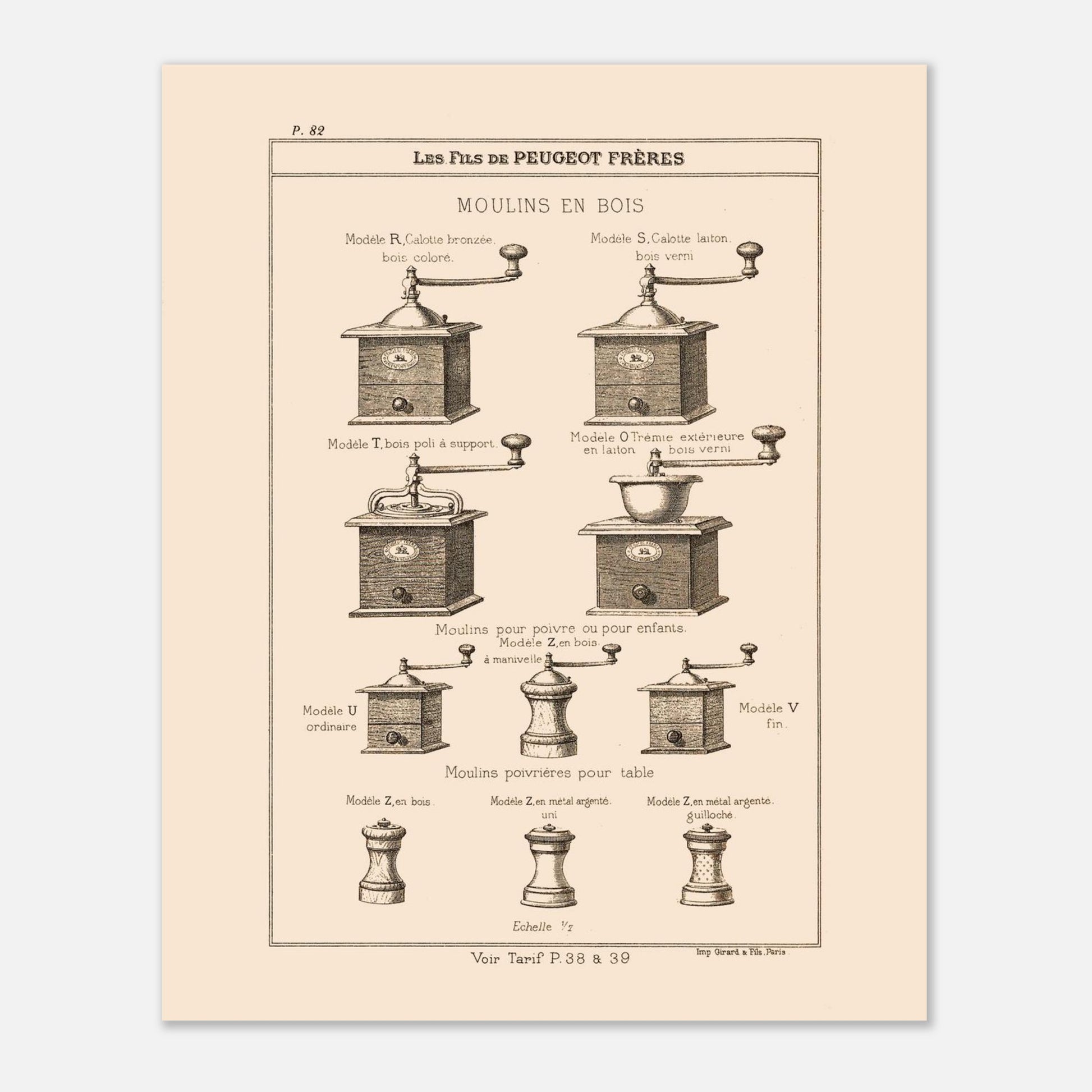 Planche de moulins à poivre et poivrières en bois — Catalogue Peugeot Frères. Gravure du catalogue Peugeot Frères présentant différents modèles de moulins en bois et des moulins poivrières pour table, avec leurs descriptions. Image d'illustration 4