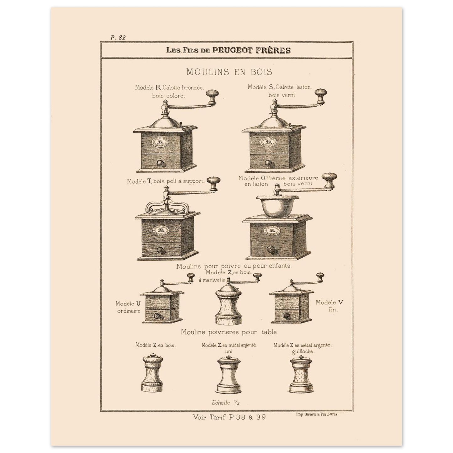 Planche de moulins à poivre et poivrières en bois — Catalogue Peugeot Frères (40x50 cm). Gravure du catalogue Peugeot Frères présentant différents modèles de moulins en bois et des moulins poivrières pour table, avec leurs descriptions.