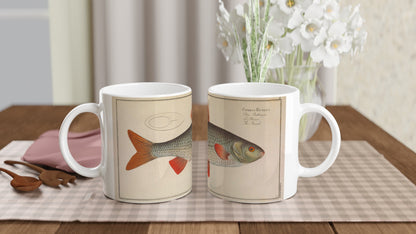 Mug illustré du gardon Cyprinus rutilus d'après Marcus Elieser Bloch. Mug en céramique blanche illustré d'une planche naturaliste ancienne représentant un gardon (Cyprinus rutilus) avec ses nageoires orangées et ses écailles grises.