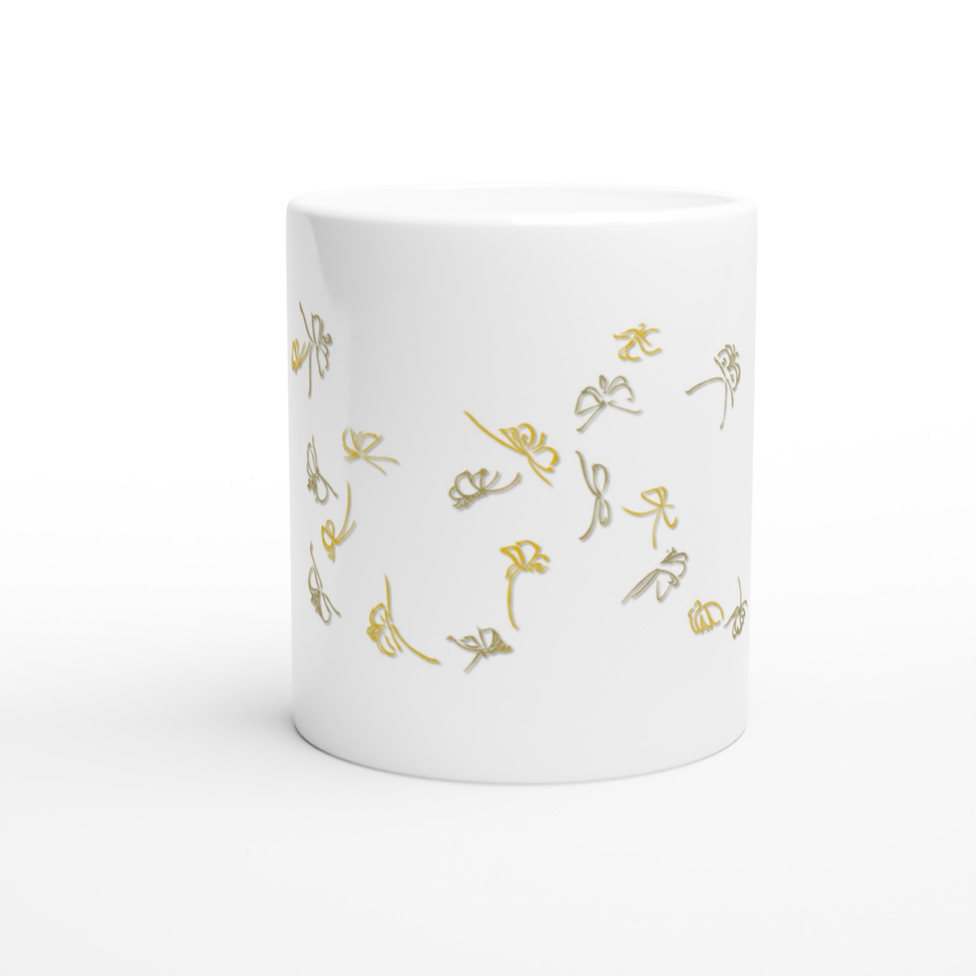 Mug illustré de papillons gris et jaunes par Kamisaka Sekka (1903). Mug blanc décoré d'un essaim de papillons stylisés dans des tons gris et jaune, en mouvement léger. Image d'illustration 2