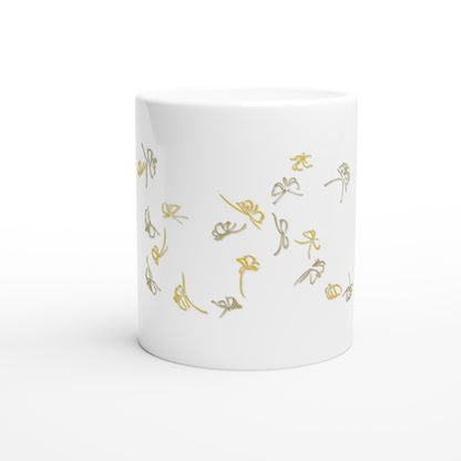 Mug illustré de papillons gris et jaunes par Kamisaka Sekka (1903). Mug blanc décoré d'un essaim de papillons stylisés dans des tons gris et jaune, en mouvement léger. Image d'illustration 2