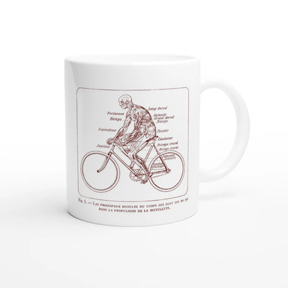 Mug illustré d'une planche anatomique d'écorché à bicyclette. Mug blanc orné d'une illustration scientifique ancienne en sépia représentant un corps humain écorché à bicyclette, avec le détail anatomique des muscles sollicités.