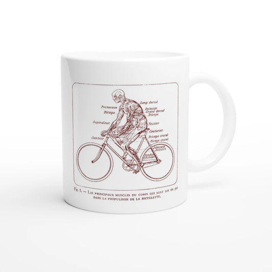 Mug illustré d'une planche anatomique d'écorché à bicyclette. Mug blanc orné d'une illustration scientifique ancienne en sépia représentant un corps humain écorché à bicyclette, avec le détail anatomique des muscles sollicités.