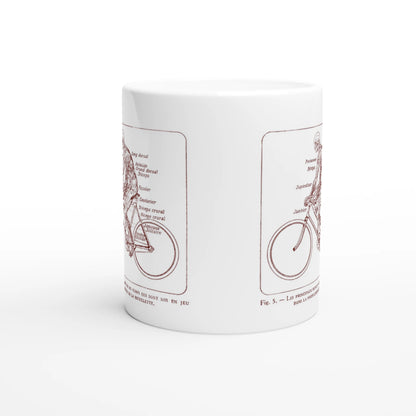 Mug illustré d'une planche anatomique d'écorché à bicyclette. Mug blanc orné d'une illustration scientifique ancienne en sépia représentant un corps humain écorché à bicyclette, avec le détail anatomique des muscles sollicités.