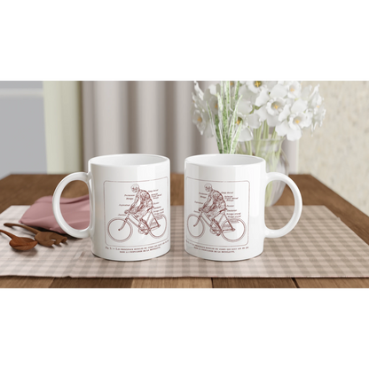 Mug illustré d'une planche anatomique d'écorché à bicyclette. Mug blanc orné d'une illustration scientifique ancienne en sépia représentant un corps humain écorché à bicyclette, avec le détail anatomique des muscles sollicités.