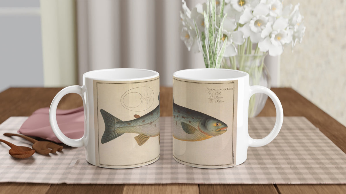 Mug en céramique illustré du Saumon Salmo Salar d'après Marcus Elieser Bloch. Mug en céramique blanche illustré d'une planche naturaliste ancienne représentant un saumon, Salmo Salar, avec des annotations scientifiques en latin, allemand, français et anglais.