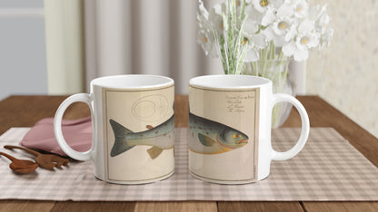 Mug en céramique illustré du Saumon Salmo Salar d'après Marcus Elieser Bloch. Mug en céramique blanche illustré d'une planche naturaliste ancienne représentant un saumon, Salmo Salar, avec des annotations scientifiques en latin, allemand, français et anglais.