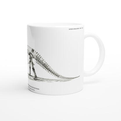 Mug en céramique avec illustration de squelette de Brontosaure. Mug blanc en céramique illustré d'une gravure scientifique représentant le squelette d'un Brontosaure avec la mention U.S. Geological Survey.