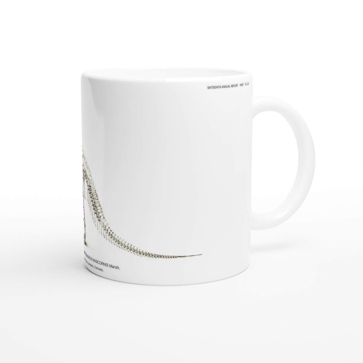 Mug en céramique squelette de Cératosaure gravure U.S. Geological Survey. Mug en céramique blanche illustré d'une gravure scientifique représentant le squelette complet d'un dinosaure cératosaure, accompagnée de la mention U.S. Geological Survey.