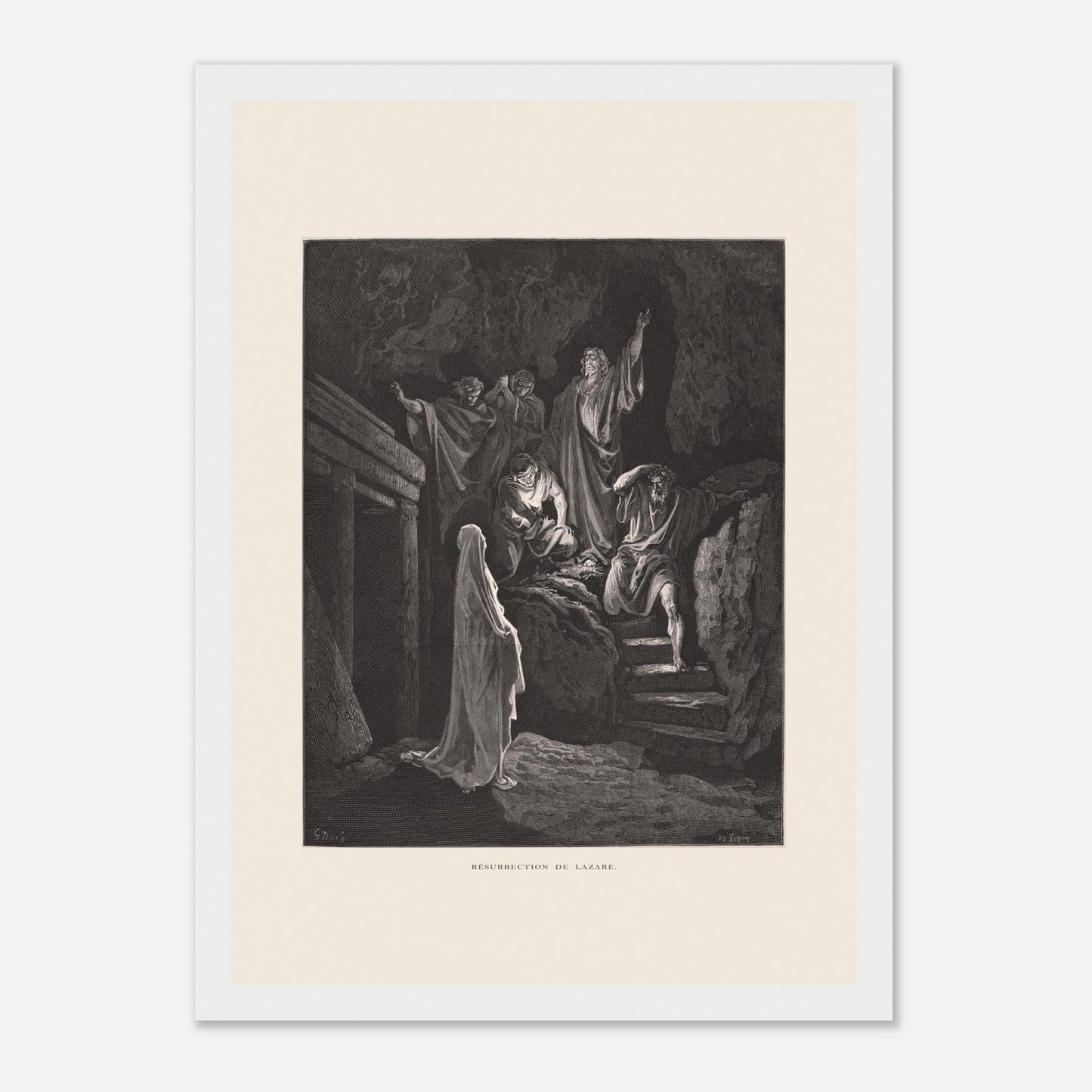 La Multiplication des pains aux palmiers – Estampe de Gustave Doré (21x29,7 cm (A4) / Cadre blanc). Estampe de Gustave Doré illustrant la Multiplication des pains, montrant une foule recevant de la nourriture dans un paysage désertique avec des palmiers.