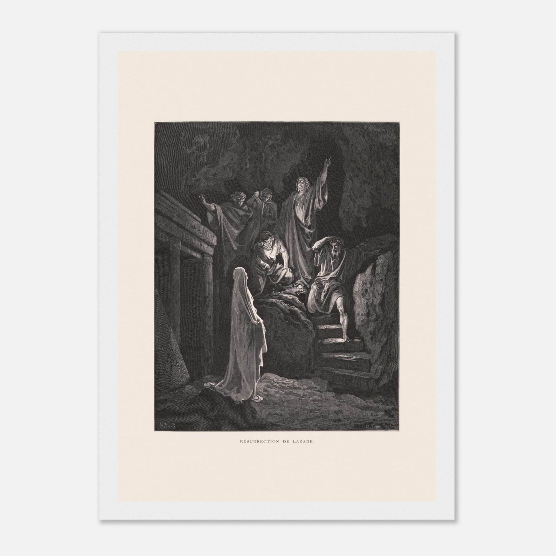 La Multiplication des pains aux palmiers – Estampe de Gustave Doré (21x29,7 cm (A4) / Cadre blanc). Estampe de Gustave Doré illustrant la Multiplication des pains, montrant une foule recevant de la nourriture dans un paysage désertique avec des palmiers.