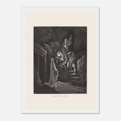 La Multiplication des pains aux palmiers – Estampe de Gustave Doré (21x29,7 cm (A4) / Cadre blanc). Estampe de Gustave Doré illustrant la Multiplication des pains, montrant une foule recevant de la nourriture dans un paysage désertique avec des palmiers.