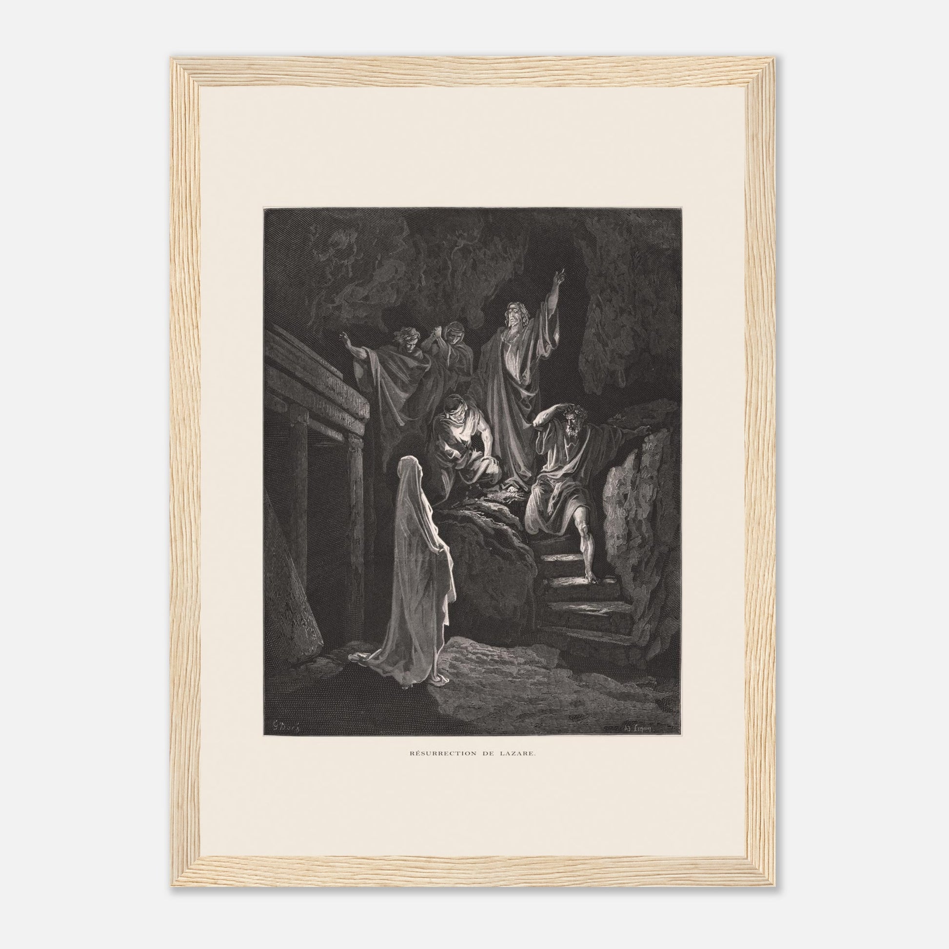 La Multiplication des pains aux palmiers – Estampe de Gustave Doré (21x29,7 cm (A4) / Cadre bois clair). Estampe de Gustave Doré illustrant la Multiplication des pains, montrant une foule recevant de la nourriture dans un paysage désertique avec des palmiers.