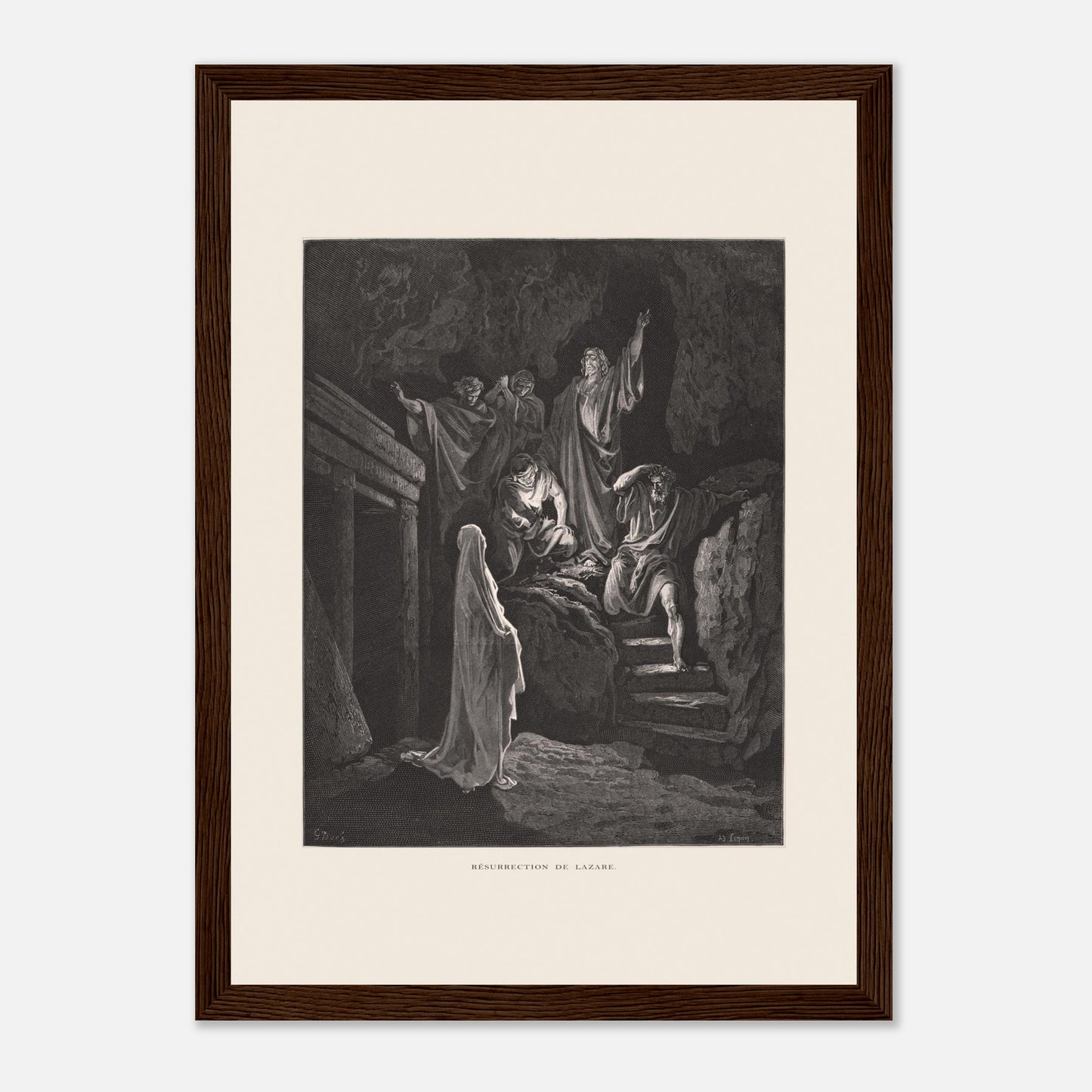 La Multiplication des pains aux palmiers – Estampe de Gustave Doré (21x29,7 cm (A4) / Cadre bois foncé). Estampe de Gustave Doré illustrant la Multiplication des pains, montrant une foule recevant de la nourriture dans un paysage désertique avec des palmiers.