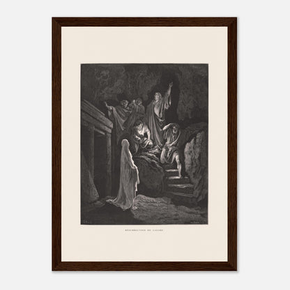 La Multiplication des pains aux palmiers – Estampe de Gustave Doré (21x29,7 cm (A4) / Cadre bois foncé). Estampe de Gustave Doré illustrant la Multiplication des pains, montrant une foule recevant de la nourriture dans un paysage désertique avec des palmiers.