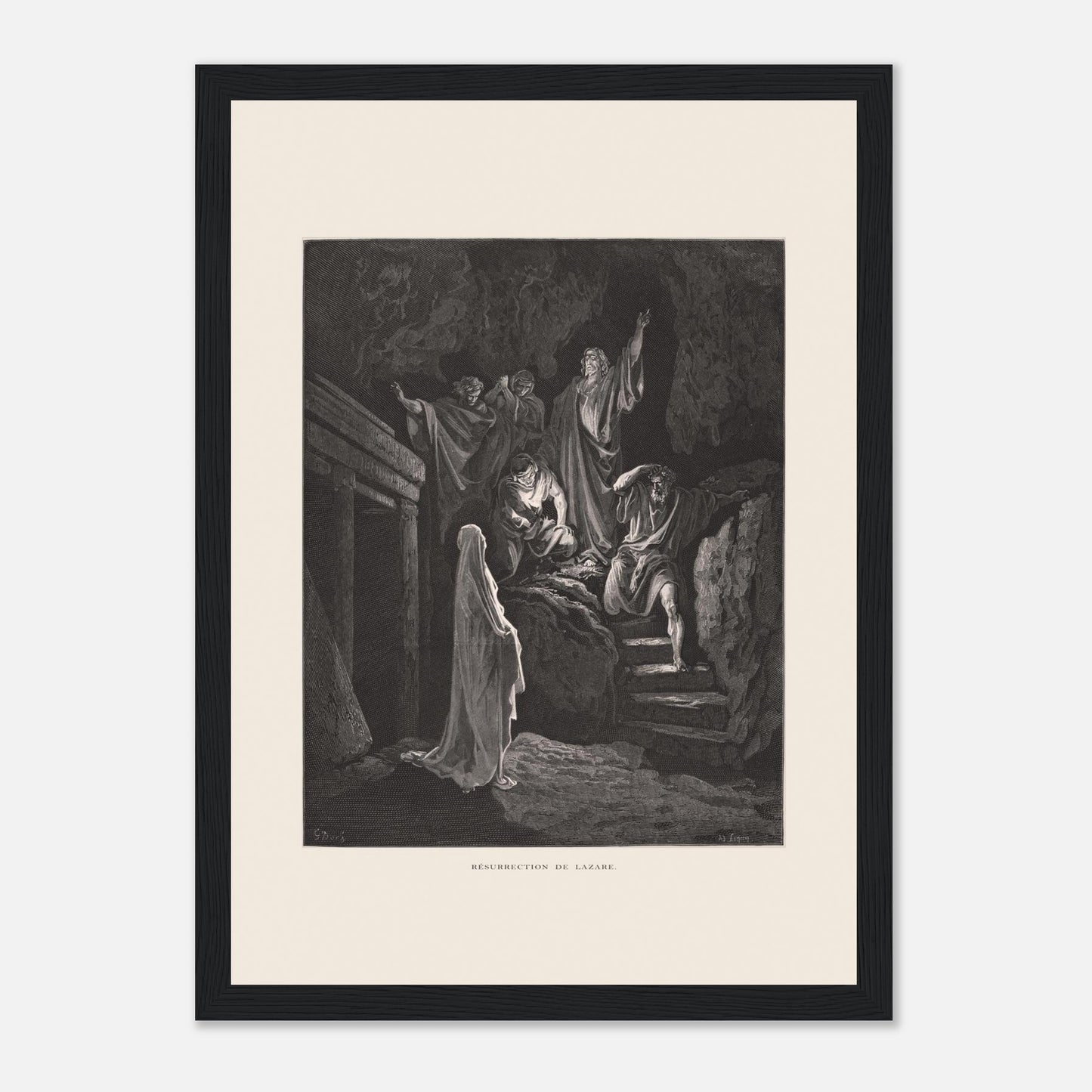 La Multiplication des pains aux palmiers – Estampe de Gustave Doré (21x29,7 cm (A4) / Cadre noir). Estampe de Gustave Doré illustrant la Multiplication des pains, montrant une foule recevant de la nourriture dans un paysage désertique avec des palmiers.