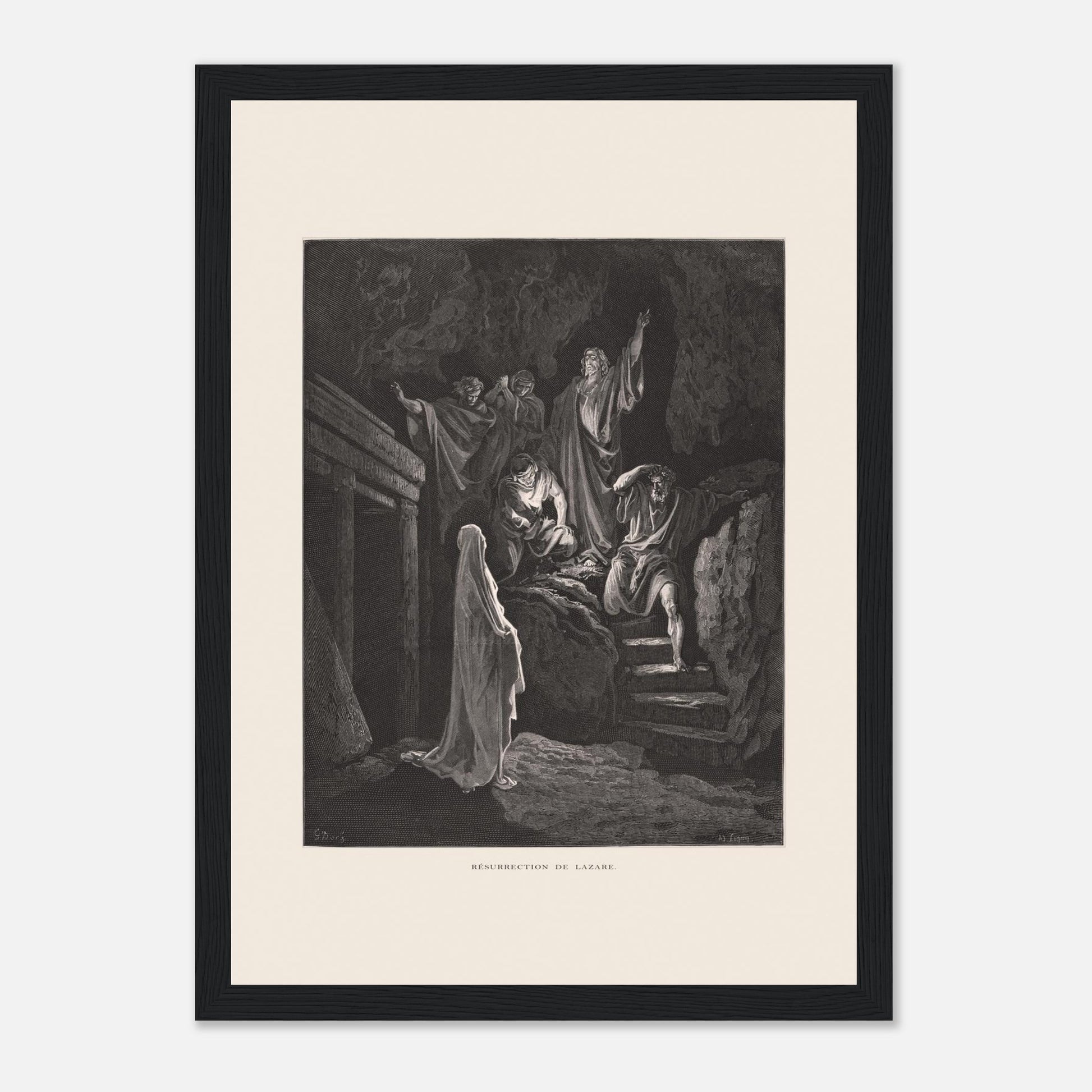 La Multiplication des pains aux palmiers – Estampe de Gustave Doré (21x29,7 cm (A4) / Cadre noir). Estampe de Gustave Doré illustrant la Multiplication des pains, montrant une foule recevant de la nourriture dans un paysage désertique avec des palmiers.