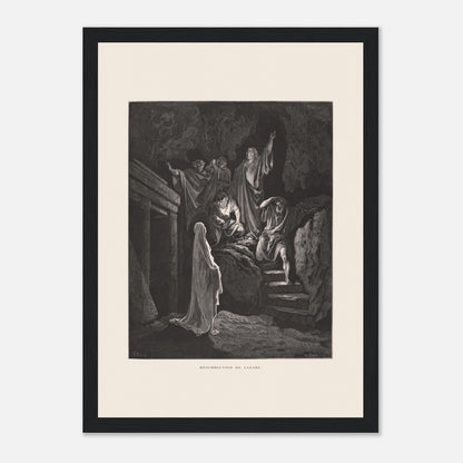 La Multiplication des pains aux palmiers – Estampe de Gustave Doré (21x29,7 cm (A4) / Cadre noir). Estampe de Gustave Doré illustrant la Multiplication des pains, montrant une foule recevant de la nourriture dans un paysage désertique avec des palmiers.