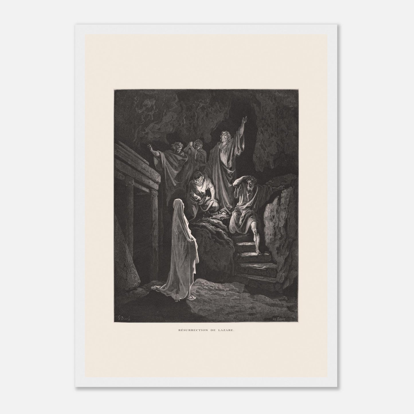 La Multiplication des pains aux palmiers – Estampe de Gustave Doré (29,7x42 cm (A3) / Cadre blanc). Estampe de Gustave Doré illustrant la Multiplication des pains, montrant une foule recevant de la nourriture dans un paysage désertique avec des palmiers.