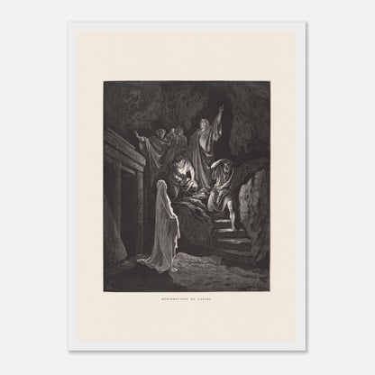 La Multiplication des pains aux palmiers – Estampe de Gustave Doré (29,7x42 cm (A3) / Cadre blanc). Estampe de Gustave Doré illustrant la Multiplication des pains, montrant une foule recevant de la nourriture dans un paysage désertique avec des palmiers.