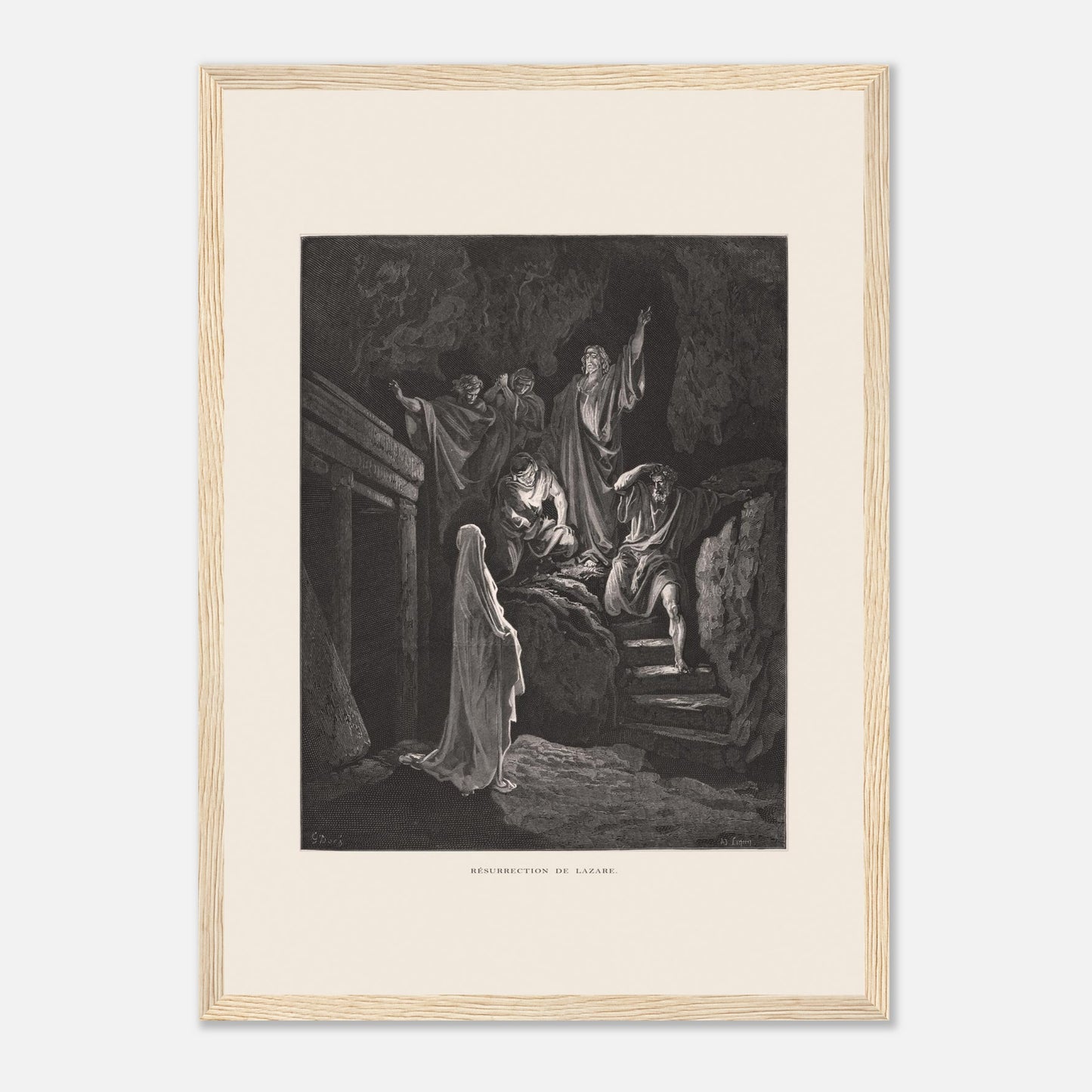 La Multiplication des pains aux palmiers – Estampe de Gustave Doré (29,7x42 cm (A3) / Cadre bois clair). Estampe de Gustave Doré illustrant la Multiplication des pains, montrant une foule recevant de la nourriture dans un paysage désertique avec des palmiers.