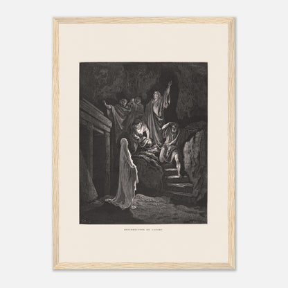 La Multiplication des pains aux palmiers – Estampe de Gustave Doré (29,7x42 cm (A3) / Cadre bois clair). Estampe de Gustave Doré illustrant la Multiplication des pains, montrant une foule recevant de la nourriture dans un paysage désertique avec des palmiers.