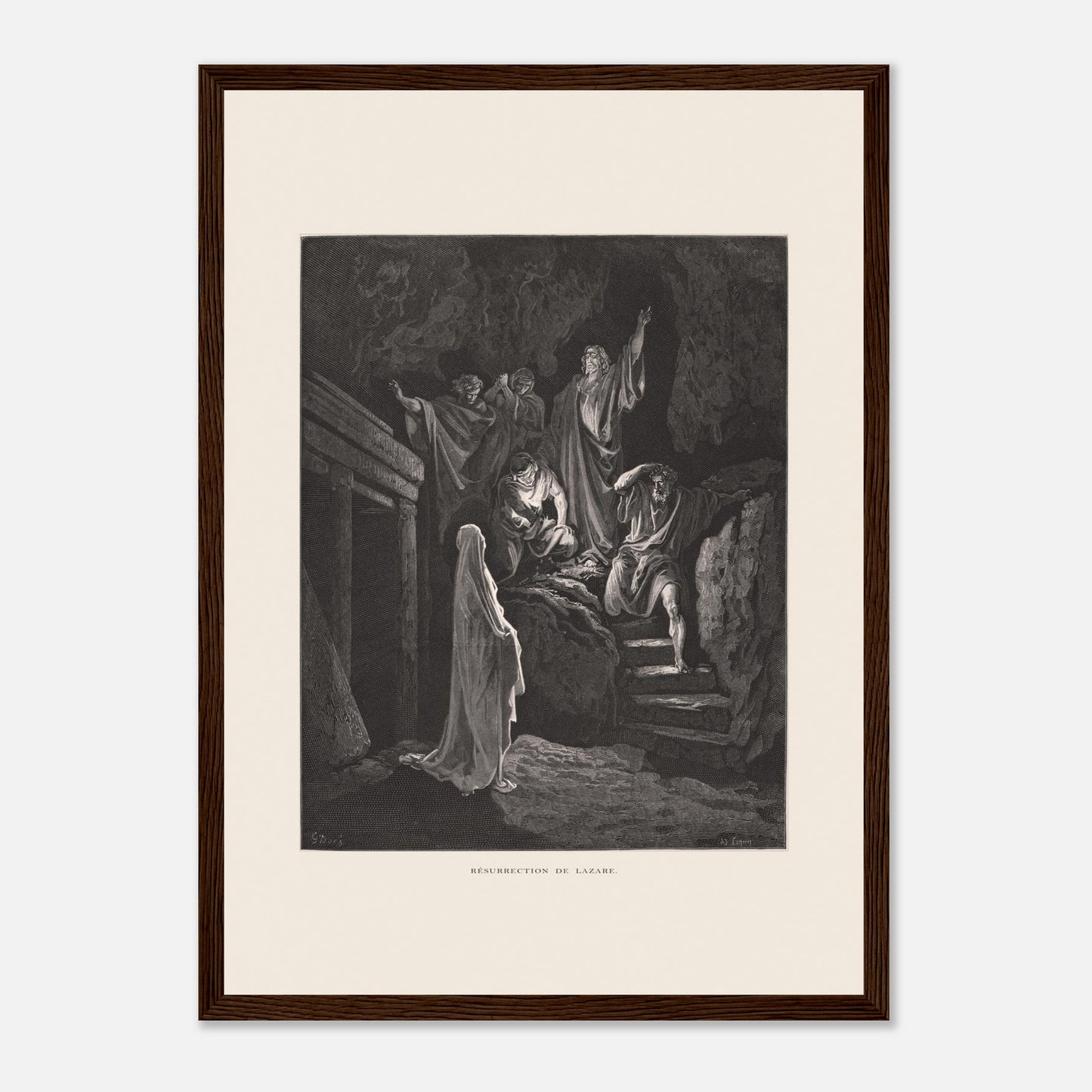La Multiplication des pains aux palmiers – Estampe de Gustave Doré (29,7x42 cm (A3) / Cadre bois foncé). Estampe de Gustave Doré illustrant la Multiplication des pains, montrant une foule recevant de la nourriture dans un paysage désertique avec des palmiers.