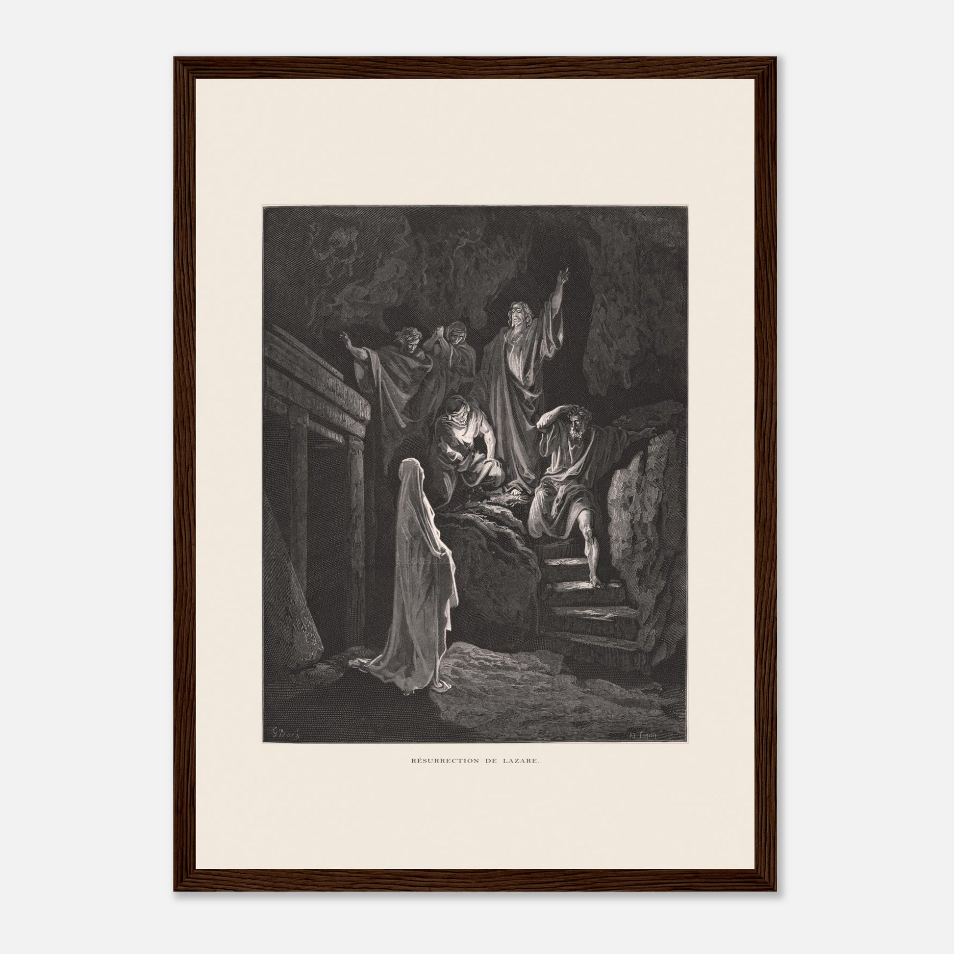 La Multiplication des pains aux palmiers – Estampe de Gustave Doré (29,7x42 cm (A3) / Cadre bois foncé). Estampe de Gustave Doré illustrant la Multiplication des pains, montrant une foule recevant de la nourriture dans un paysage désertique avec des palmiers.