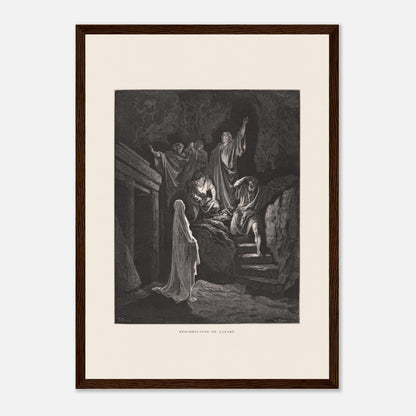 La Multiplication des pains aux palmiers – Estampe de Gustave Doré (29,7x42 cm (A3) / Cadre bois foncé). Estampe de Gustave Doré illustrant la Multiplication des pains, montrant une foule recevant de la nourriture dans un paysage désertique avec des palmiers.
