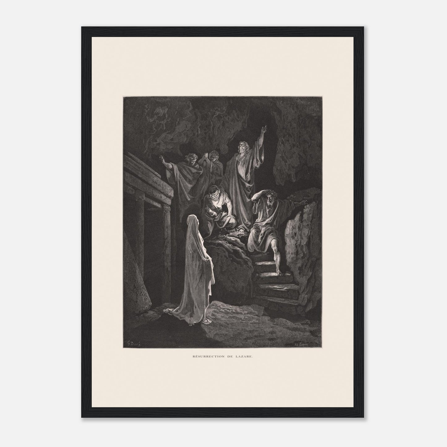 La Multiplication des pains aux palmiers – Estampe de Gustave Doré (29,7x42 cm (A3) / Cadre noir). Estampe de Gustave Doré illustrant la Multiplication des pains, montrant une foule recevant de la nourriture dans un paysage désertique avec des palmiers.