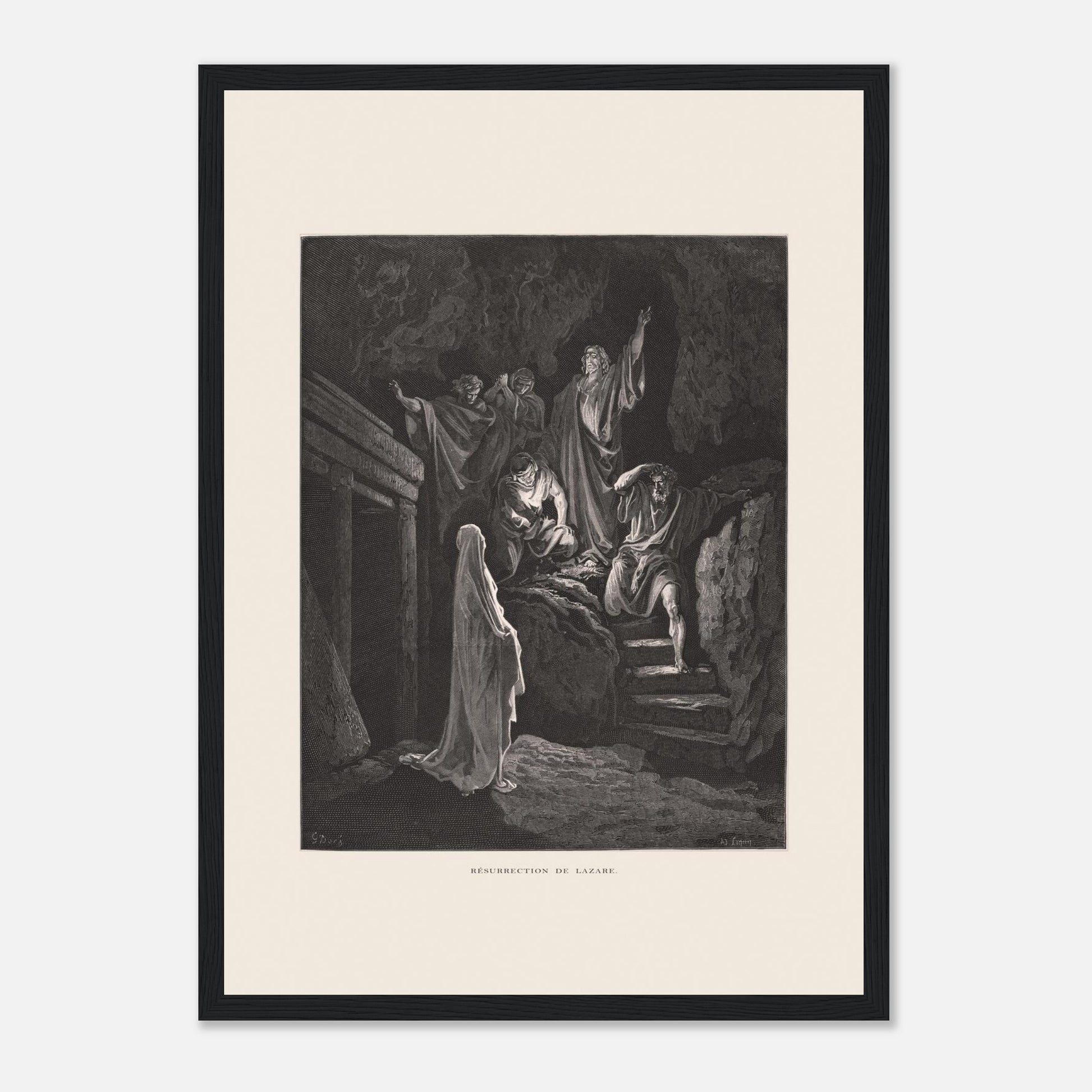 La Multiplication des pains aux palmiers – Estampe de Gustave Doré (29,7x42 cm (A3) / Cadre noir). Estampe de Gustave Doré illustrant la Multiplication des pains, montrant une foule recevant de la nourriture dans un paysage désertique avec des palmiers.