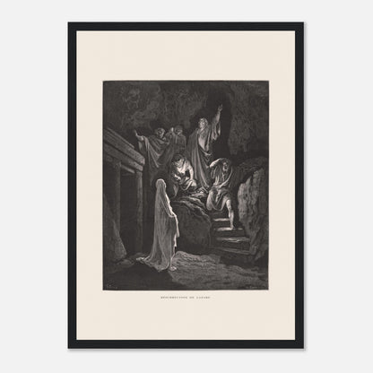 La Multiplication des pains aux palmiers – Estampe de Gustave Doré (29,7x42 cm (A3) / Cadre noir). Estampe de Gustave Doré illustrant la Multiplication des pains, montrant une foule recevant de la nourriture dans un paysage désertique avec des palmiers.
