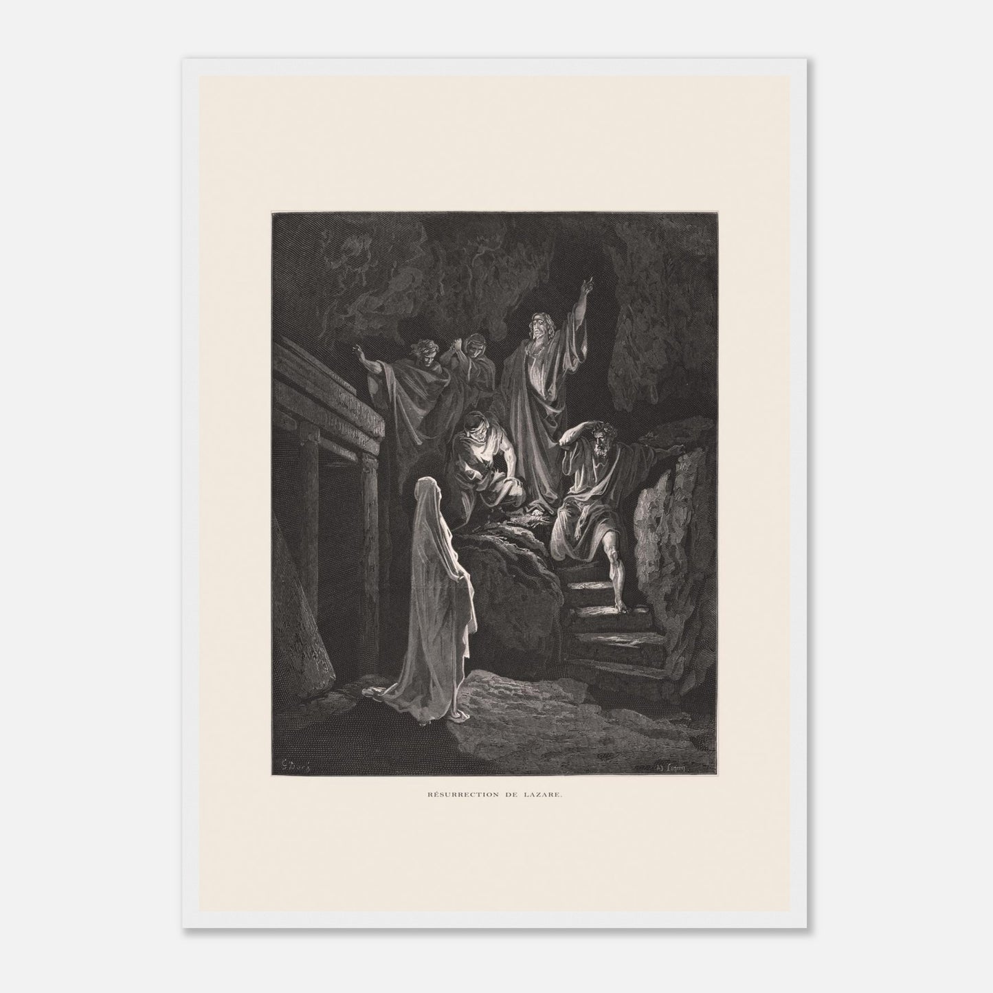 La Multiplication des pains aux palmiers – Estampe de Gustave Doré (42x59,4 cm (A2) / Cadre blanc). Estampe de Gustave Doré illustrant la Multiplication des pains, montrant une foule recevant de la nourriture dans un paysage désertique avec des palmiers.